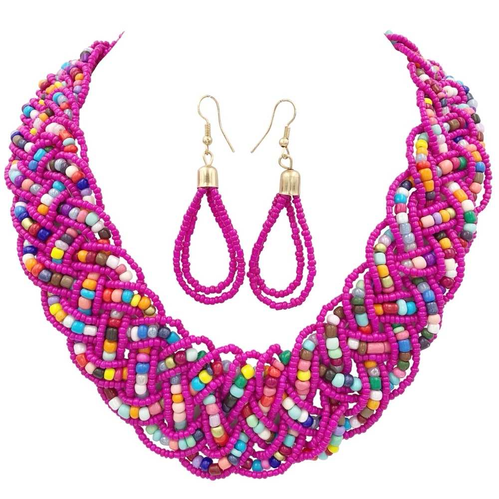 Pink Seed Bead Braided Necklace Earrings Set